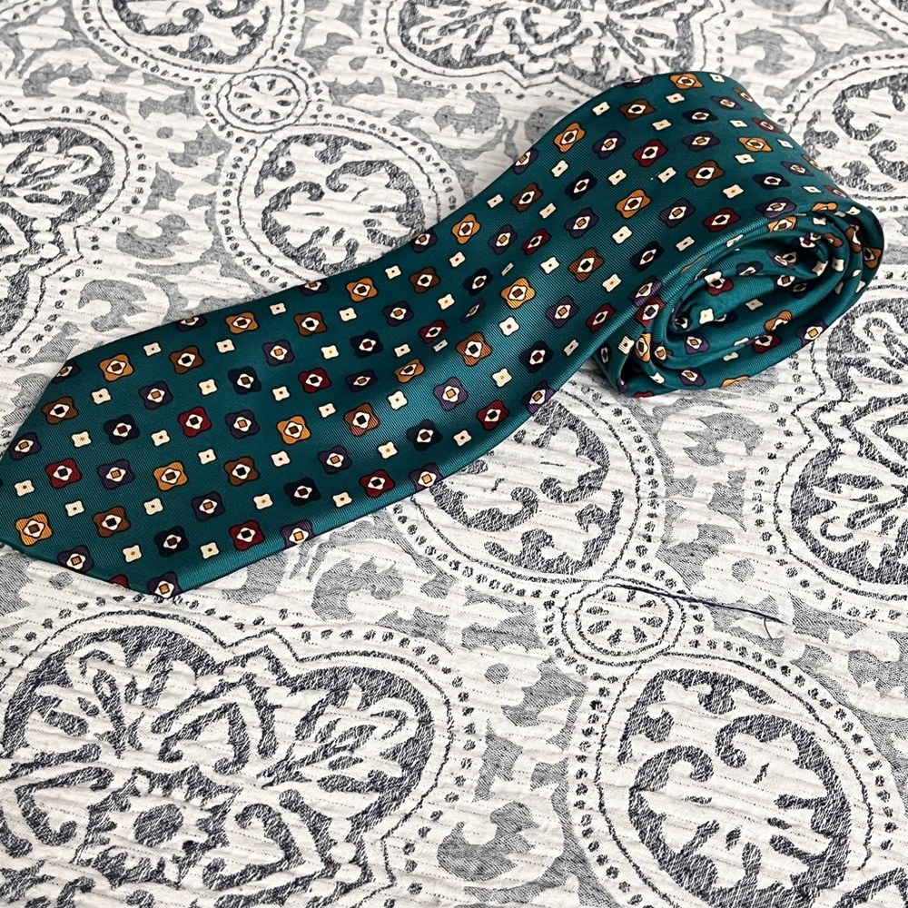 Brooks Brothers Teal and Gold Geometric Patterned 100% Silk Tie